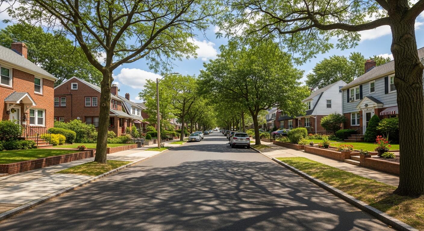 Tree-lined Rosedale street with brick and sided homes
