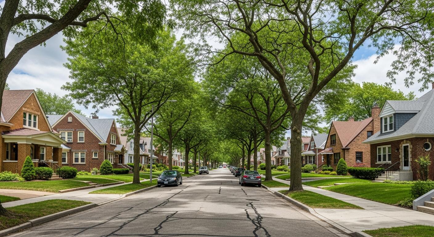 Tree-lined Westchester street with brick homes