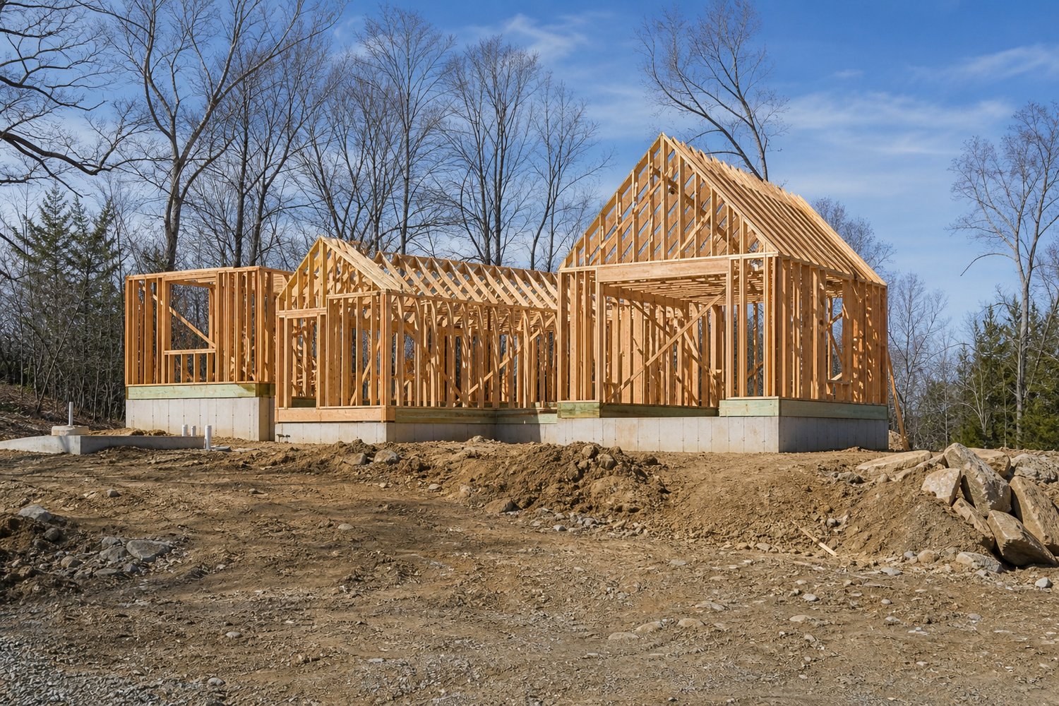 Wood-framed new construction home in progress