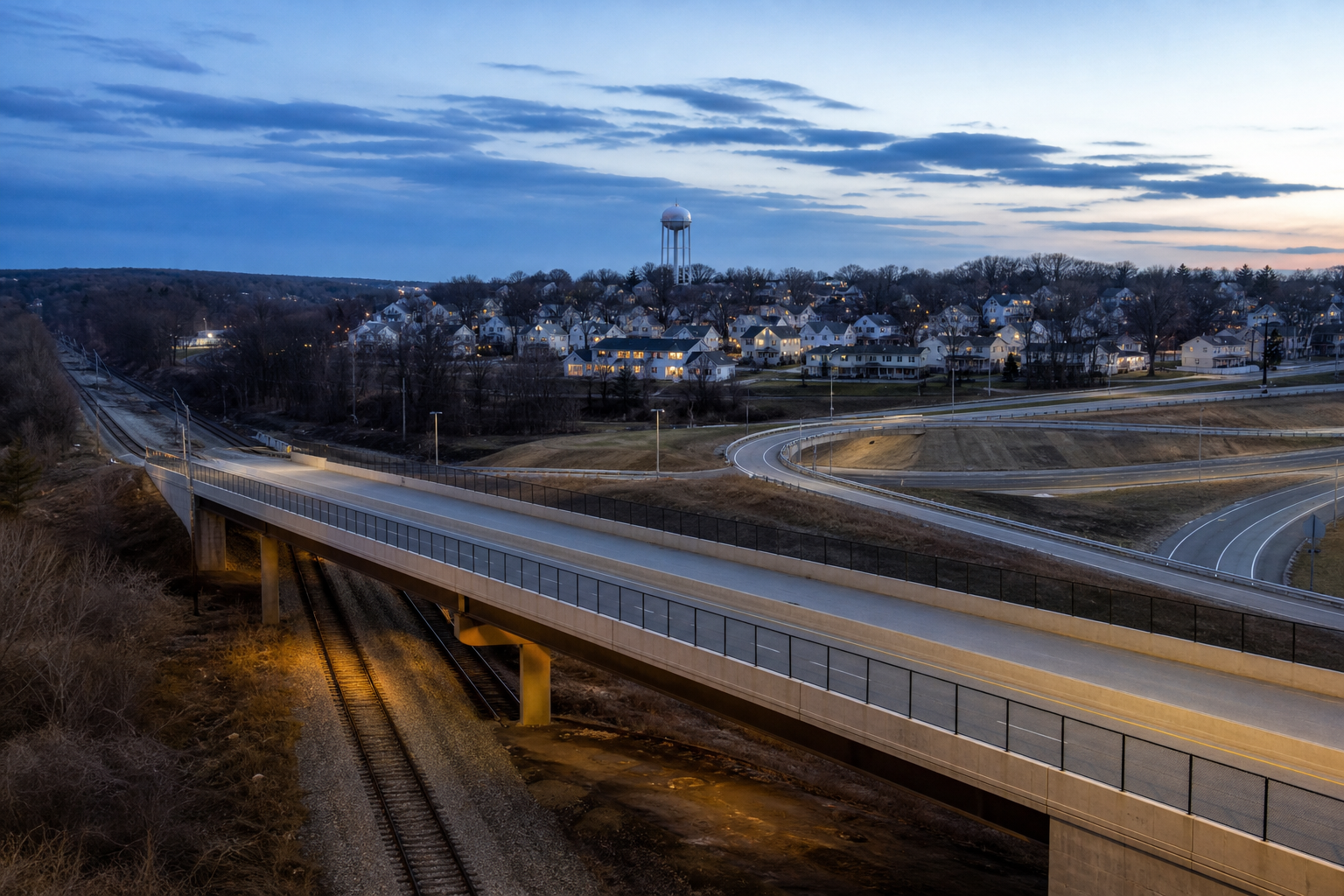 Aerial view of a highway bridge and residential neighborhoods in the Providence Corridor at dusk