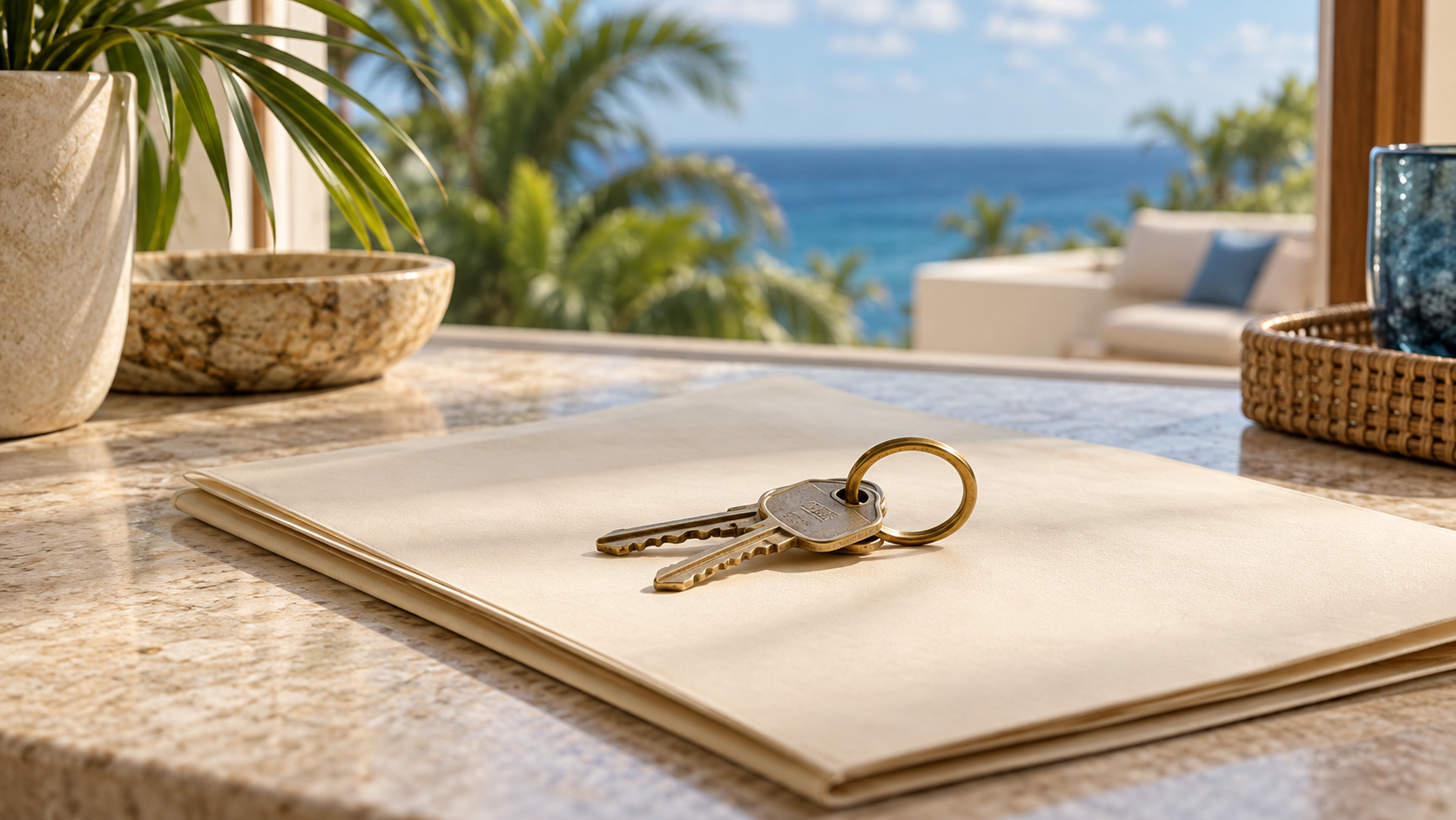 House keys on a document folder, illustrating a Mexican property purchase