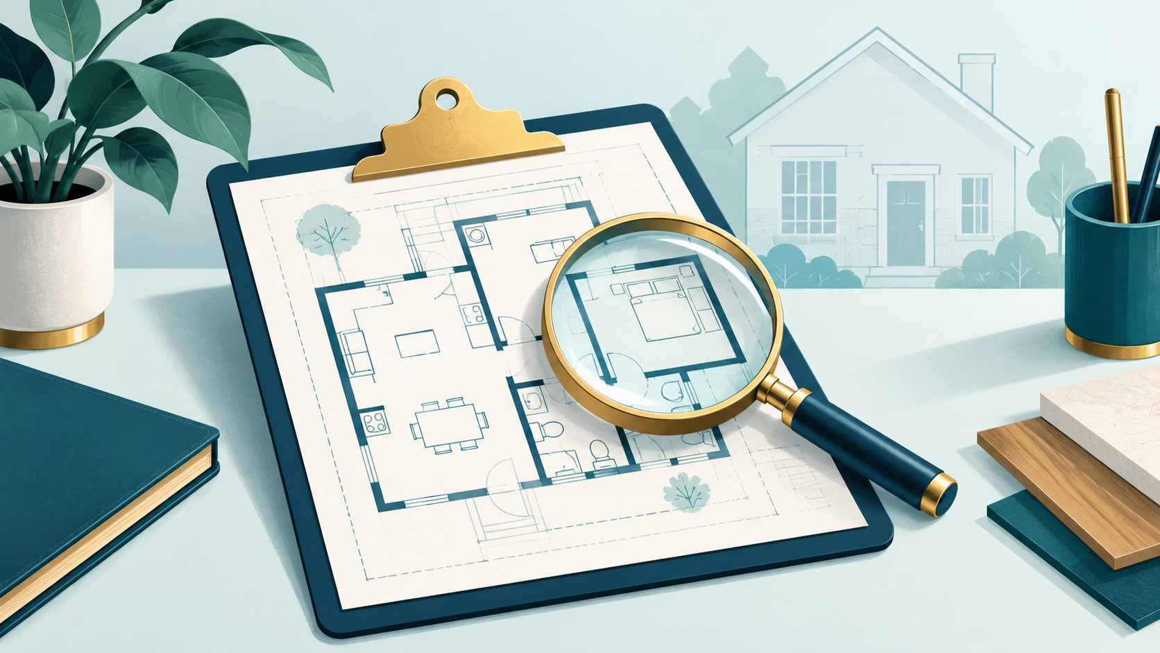 Illustration of a house floor plan under a magnifying glass, representing renovation document review