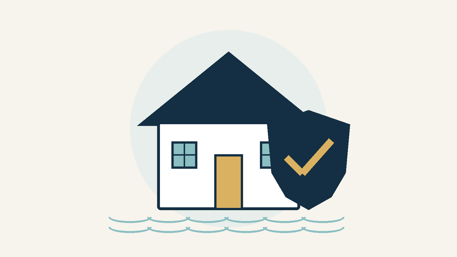 Original illustration of a house, water lines and a shield representing flood-insurance planning