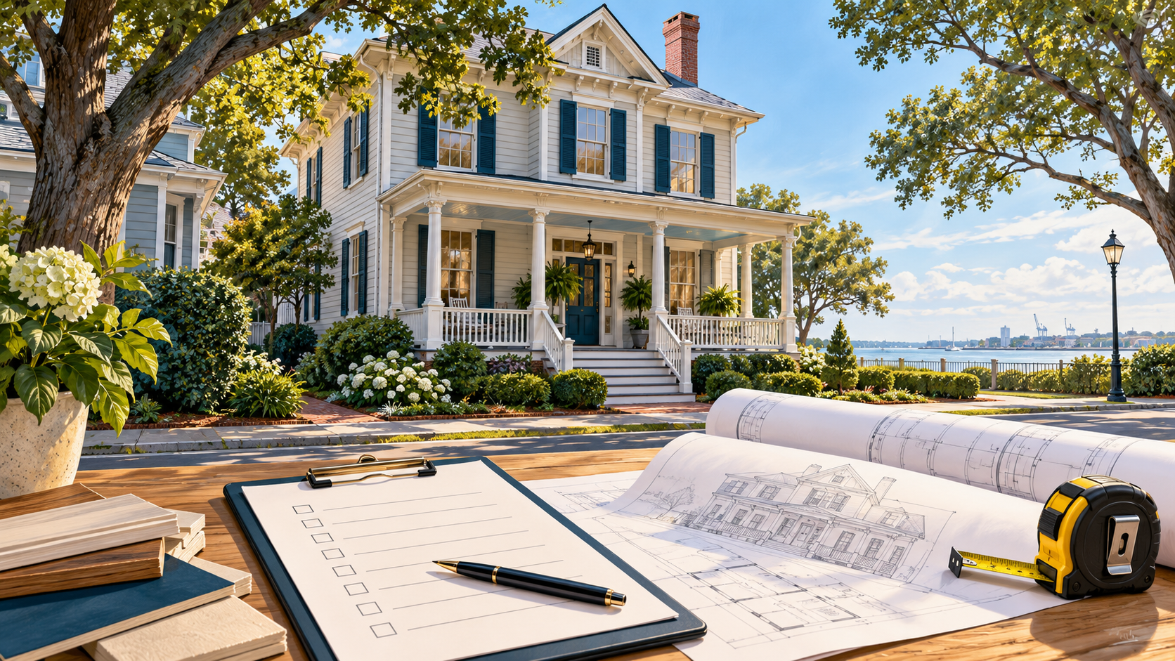 Illustration of an older coastal home with renovation plans and an inspection checklist