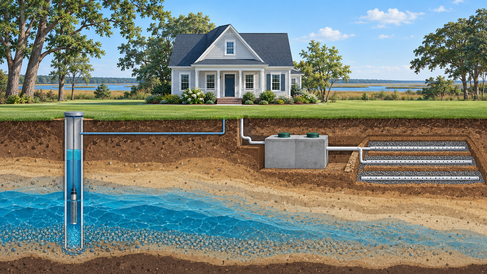 Illustration of a home with separate private well and septic systems below ground