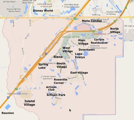 Celebration neighborhood map showing Main Village, North Village, East Village, West Village, South Village, and Artisan Park