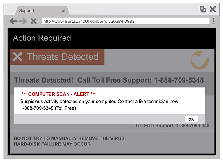 image of a computer screen with threats detected - alert popping up
