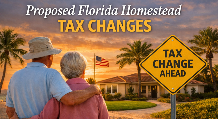 Retirees looking at home in Florida with sign saying Tax Changes Ahead
