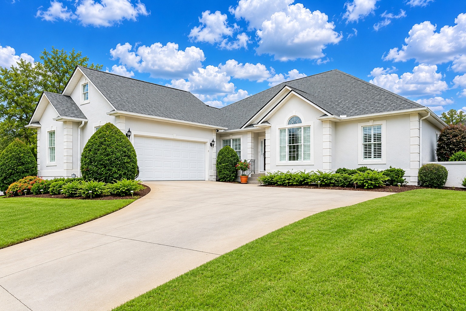 White stucco home with a two-car garage and a green lawn
