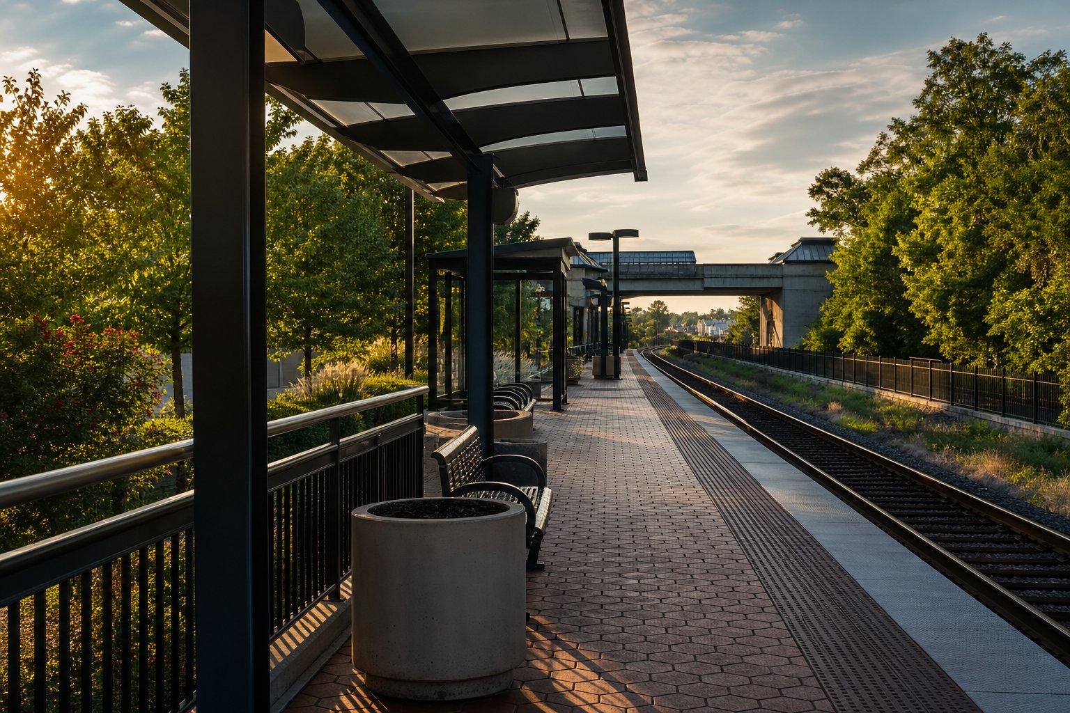 Covered commuter rail platform at sunset with benches and trees along the tracks