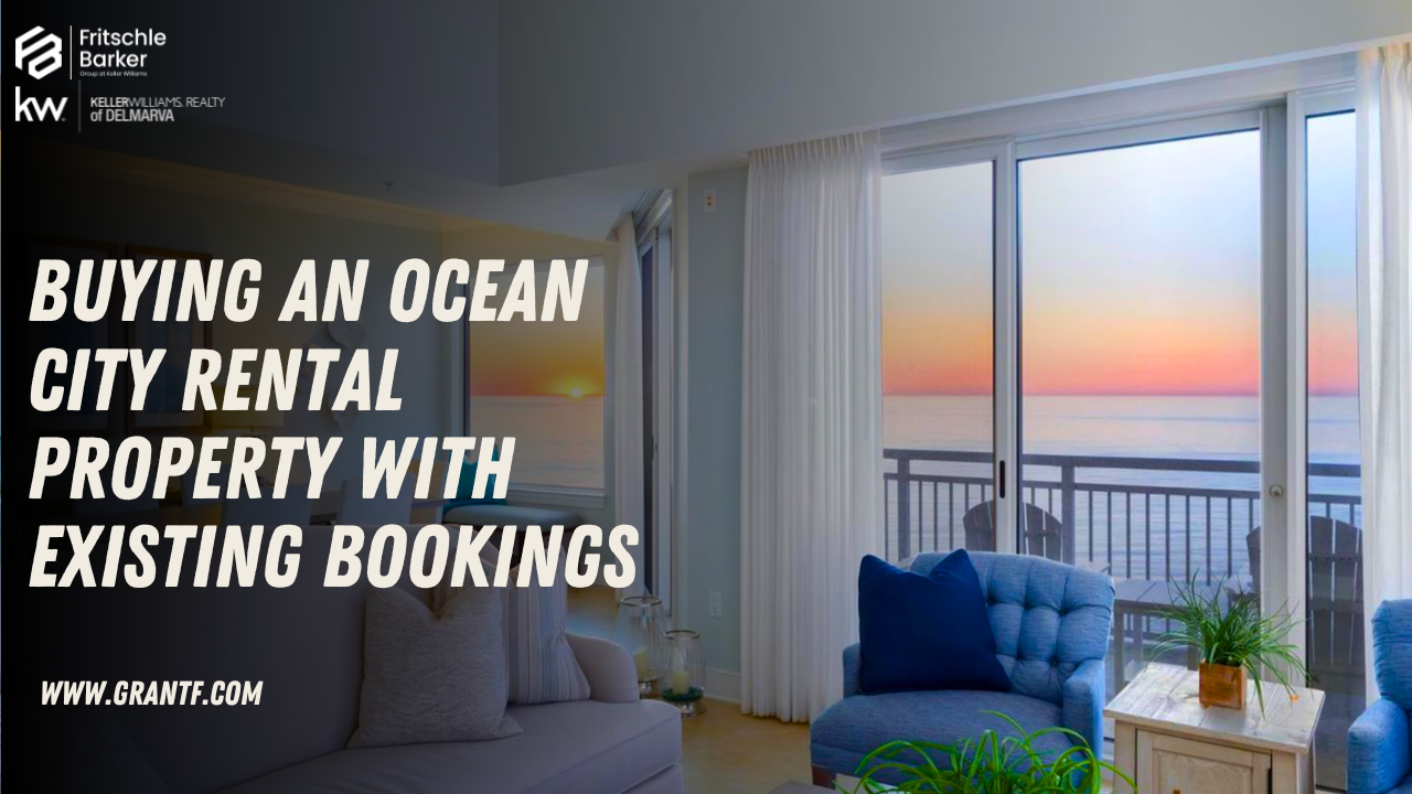 Oceanfront Ocean City MD condo living room at sunset with the title Buying an Ocean City Rental Property With Existing Bookings