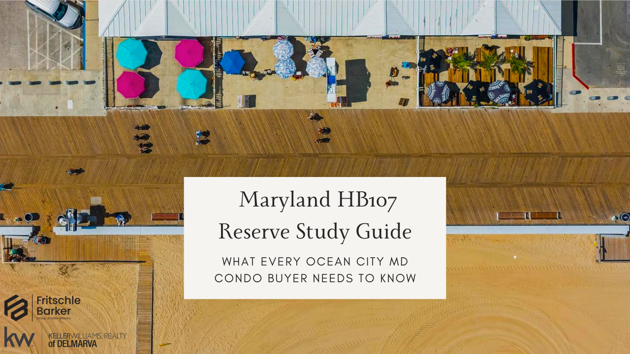 Ocean City MD high-rise condos along the coastline with reserve study guide overlay