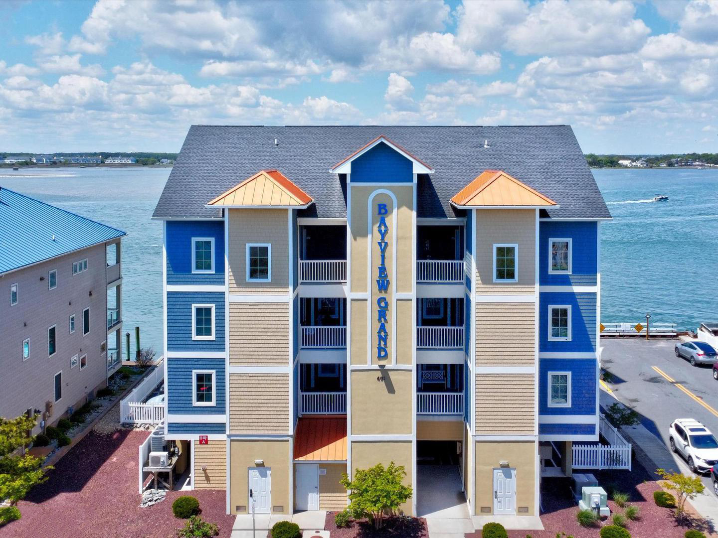 Bayview Grand bayfront condo building exterior view, Ocean City, MD