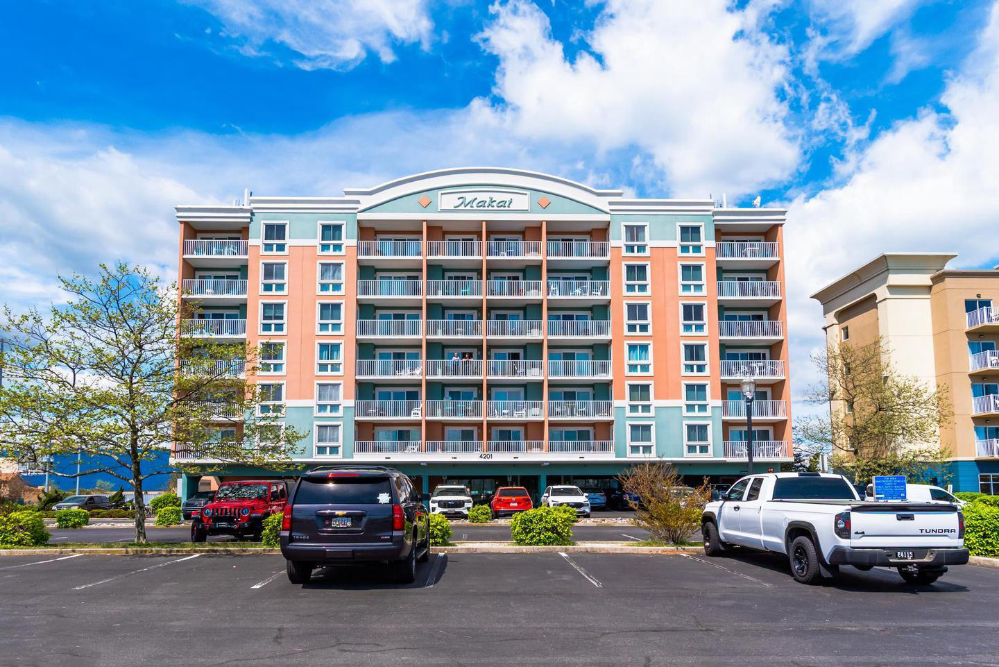 Makai bayfront condo building exterior view, Ocean City, MD
