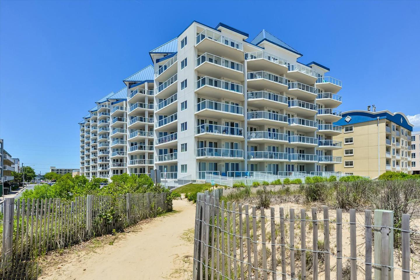 The Meridian ocean block condo building exterior view, Ocean City, MD
