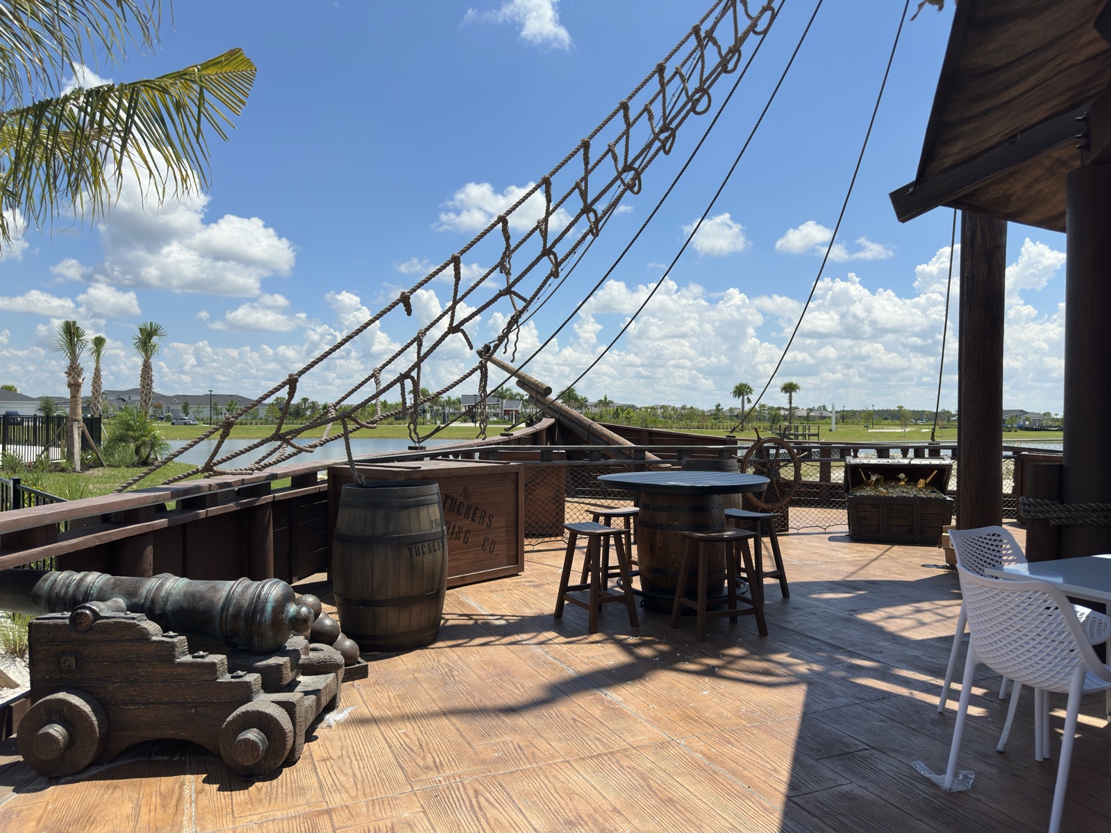 Pirate-themed waterfront deck at Shipwreck Tavern