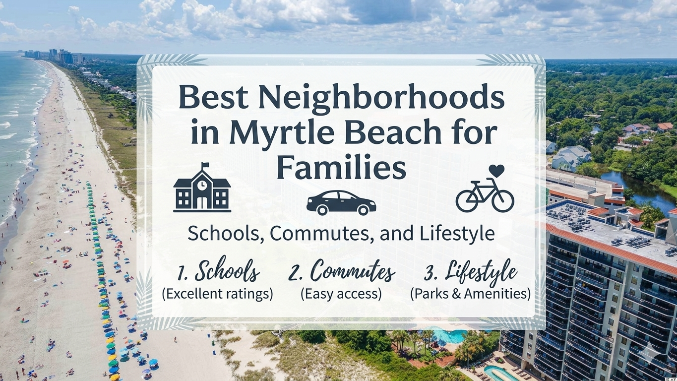 Please create an image with this title in the center: Best Neighborhoods in Myrtle Beach for Families: Schools, Commutes, and Lifestyle