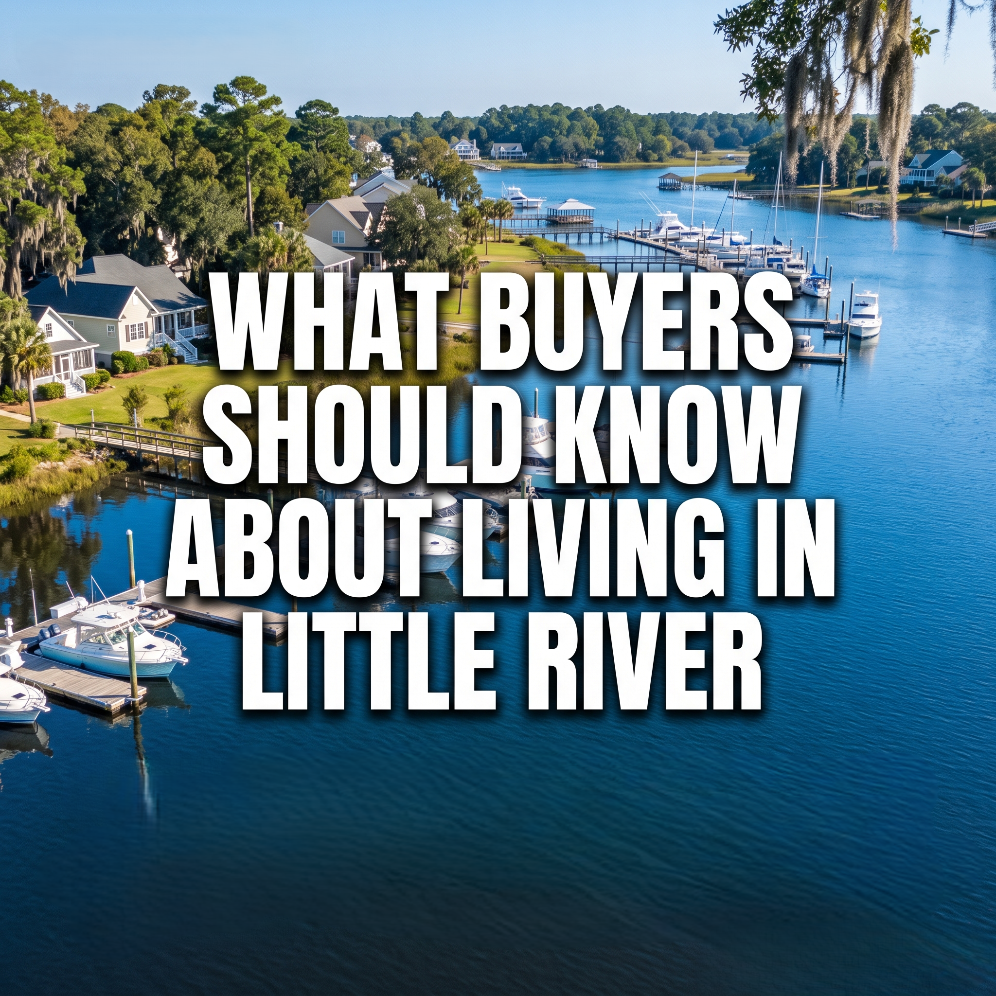 Please create an image with this title in the center, high-contrast Facebook ad layout, centered headline text, 1:1 or 4:5 aspect ratio for Facebook performance: Please also remove call-to-action button. What Buyers Should Know About Living in Little River