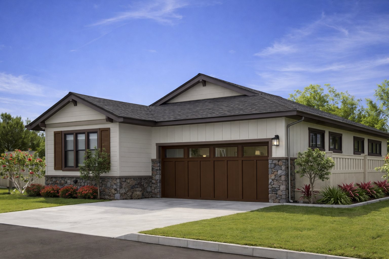 Rendering of a single-level Aria Lane Mānoa home with a stone-accented fa&ccedil;ade and wood-tone garage door