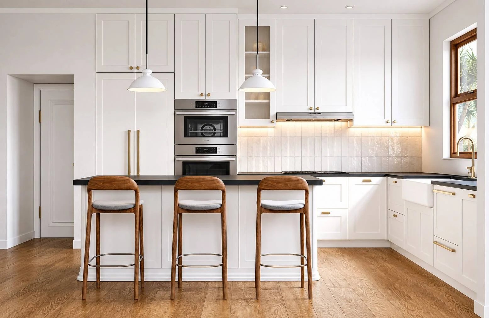 Rendering of an Aria Lane kitchen with white shaker cabinets, dark countertops and a three-seat island