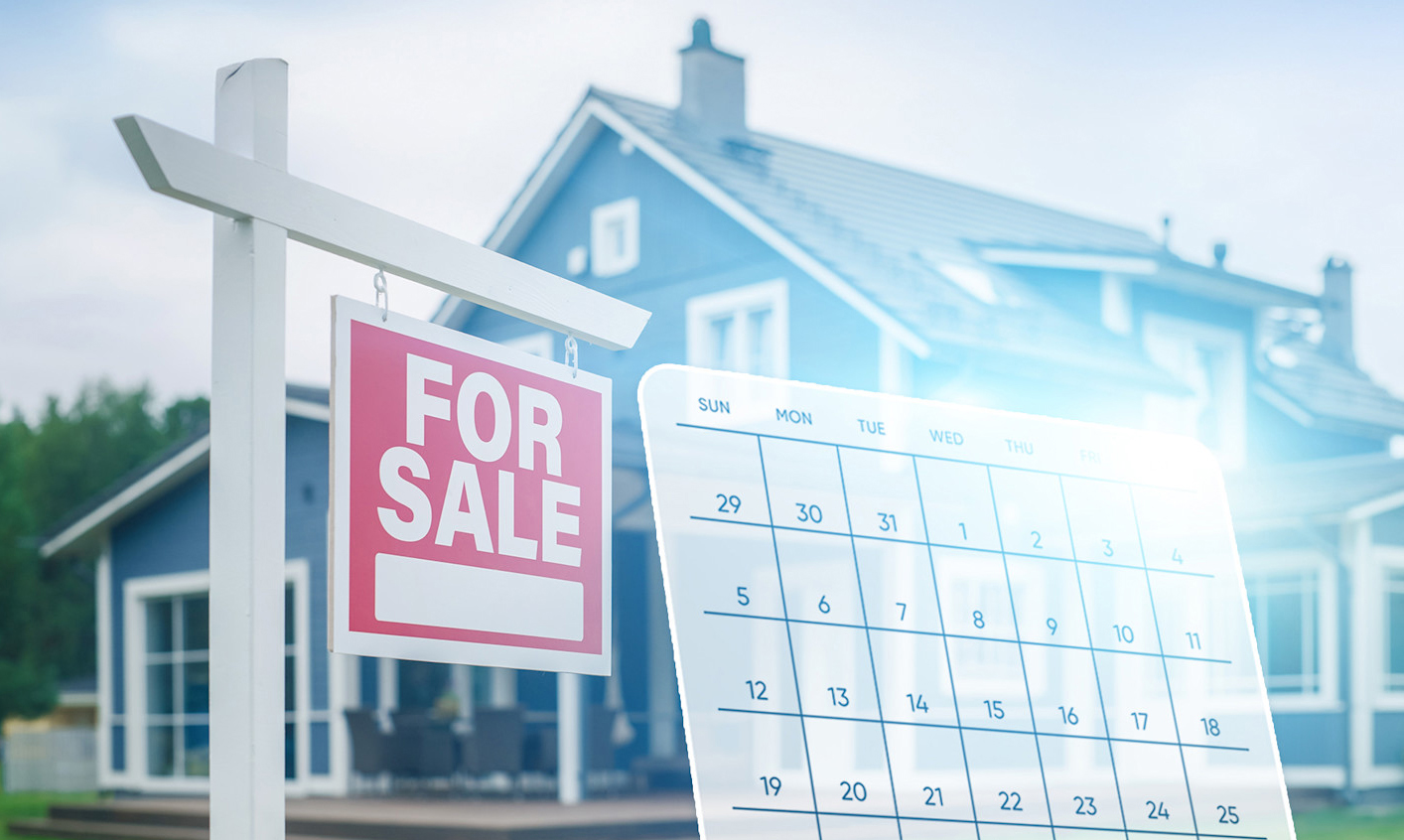 For sale sign in front of a suburban home with a calendar overlay, symbolizing days on market and real estate timing