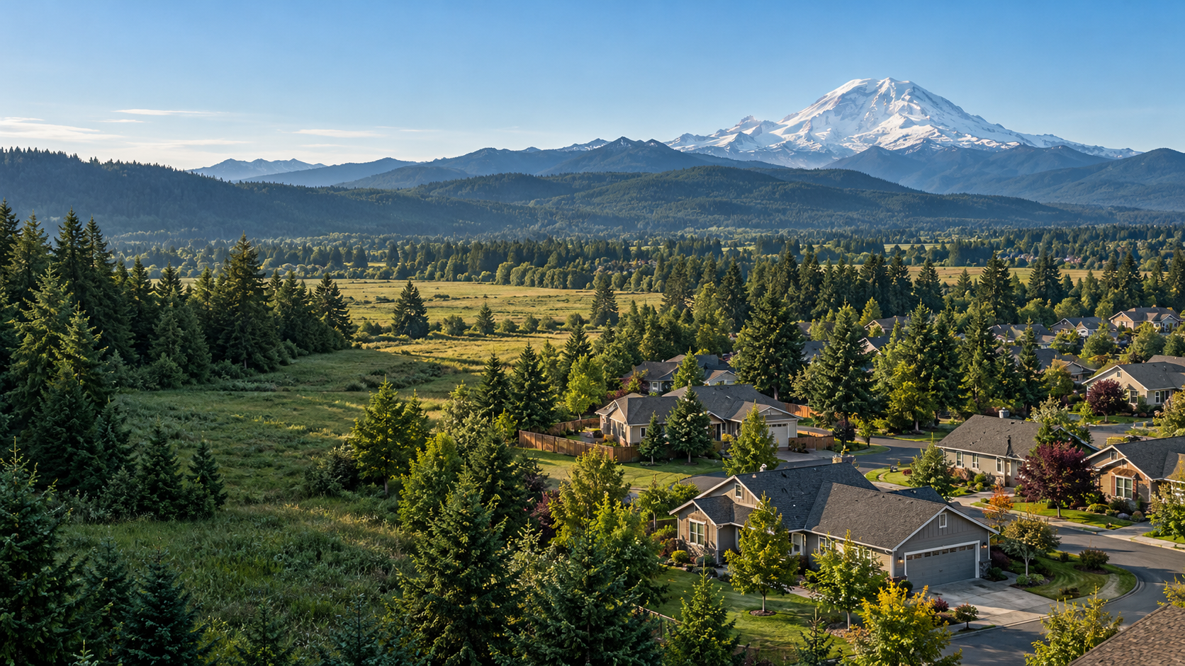 Illustrative Buckley Washington foothills neighborhood with Mount Rainier scenery