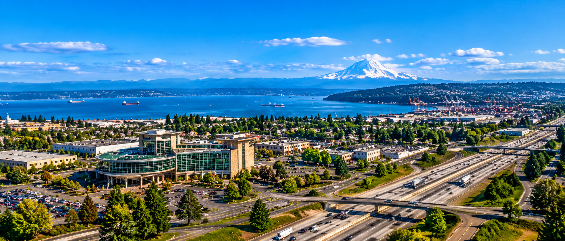 AI aerial panorama of Fife Washington, Interstate 5 and Puget Sound
