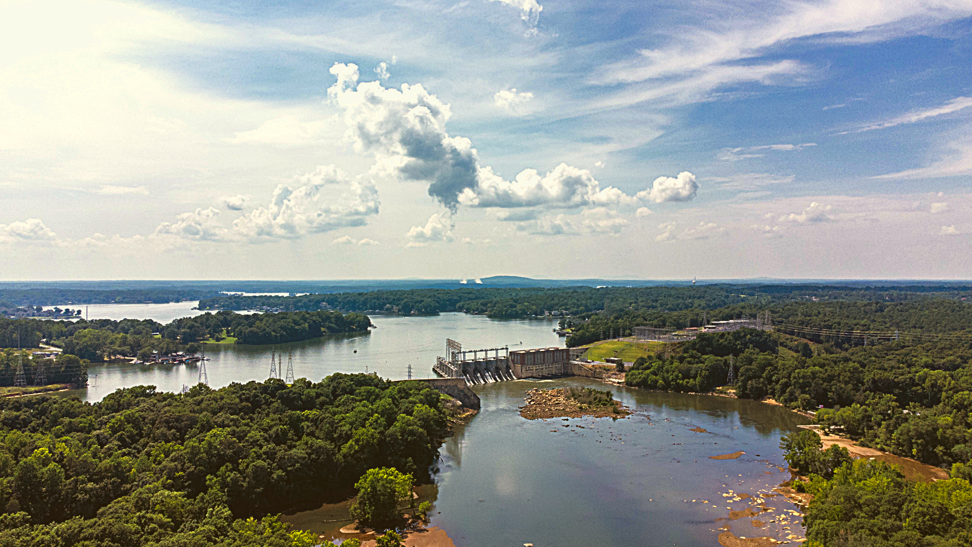 Aerial view over a bridge and Lake Wylie near Belmont North Carolina