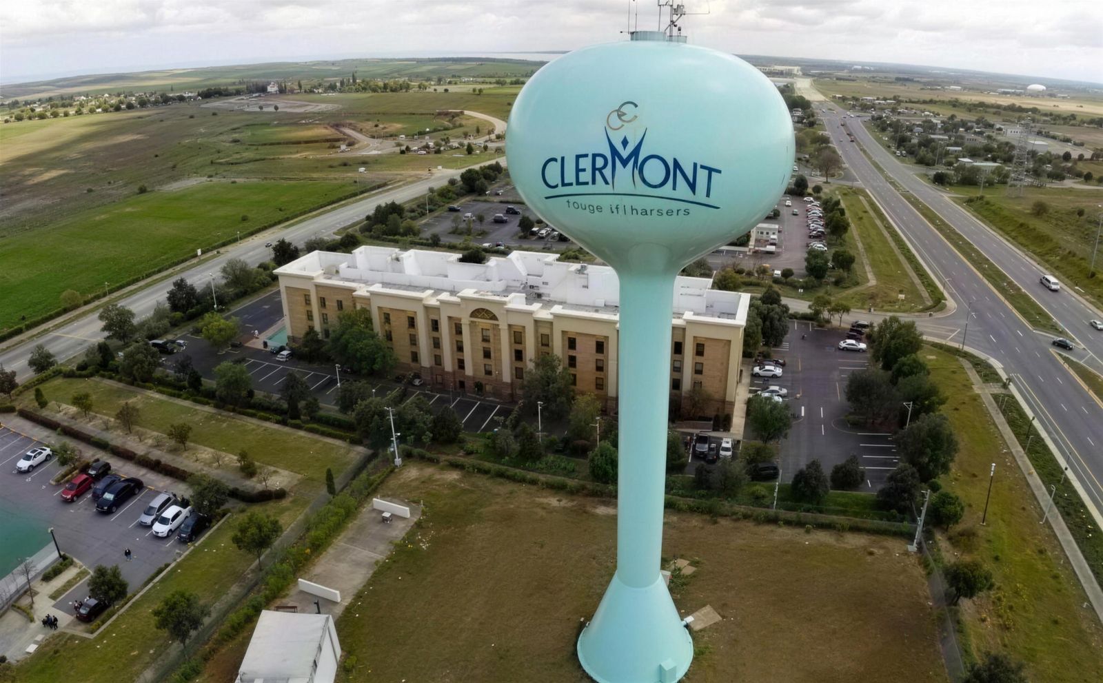 Clermont, FL water tower — Lake County Aerial view of the Clermont FL water tower overlooking US-27 in Lake County, Florida