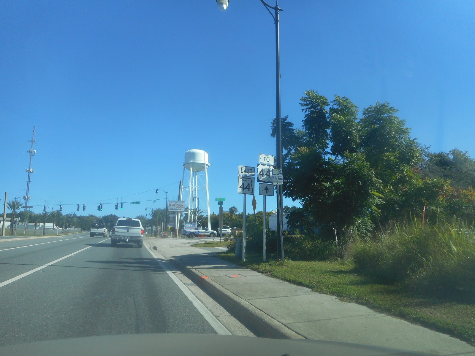 State Road 44 in Leesburg, Florida, with the water tower