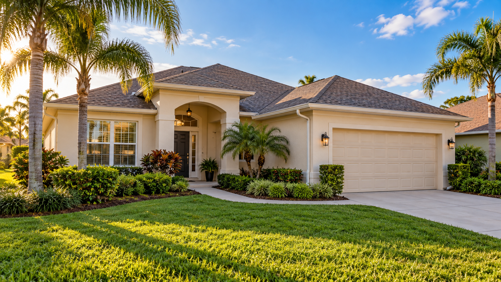 Well-maintained Central Florida home with palm trees and a tidy yard in fall