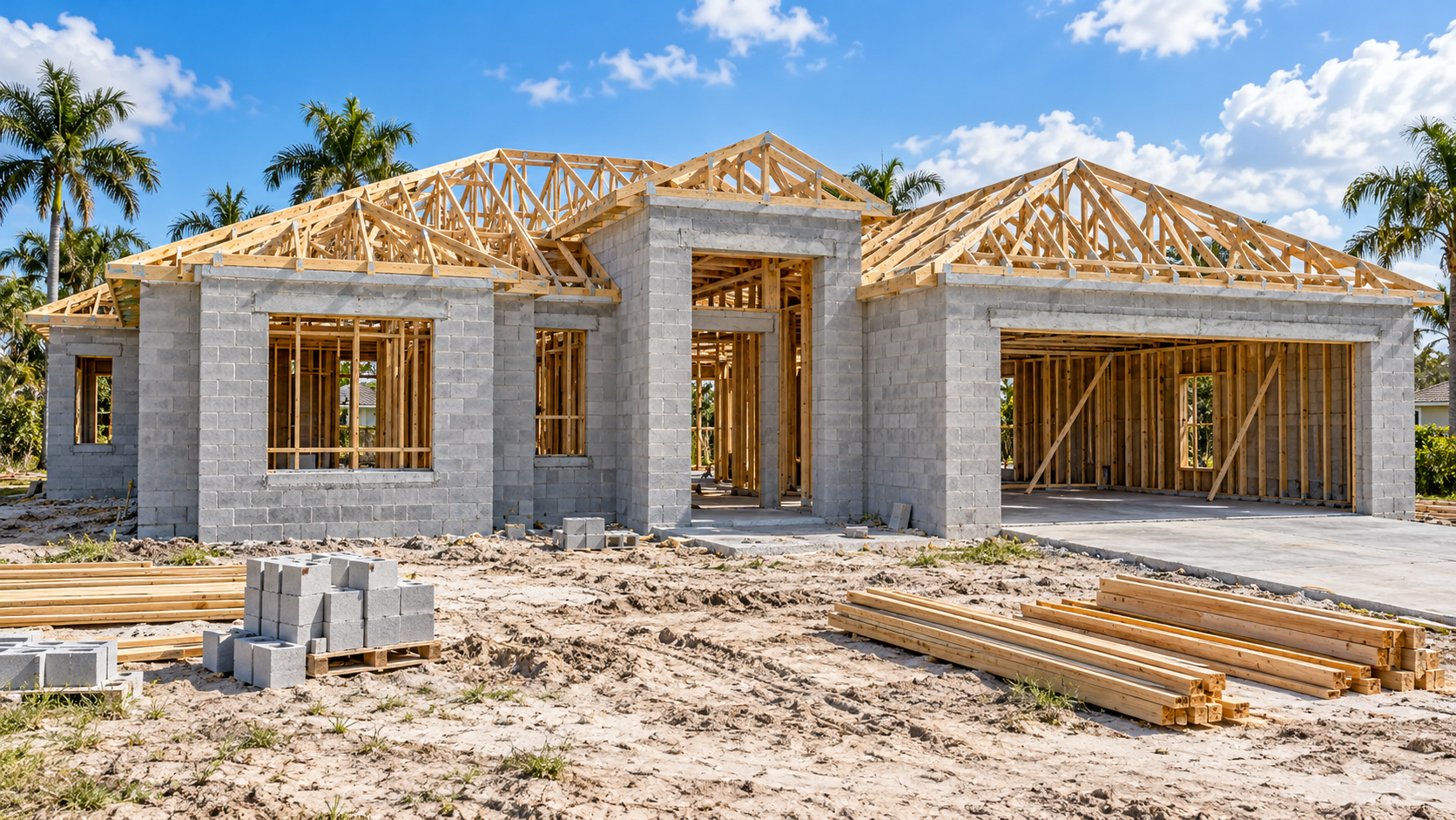 Florida home under construction with concrete-block walls and exposed wood framing