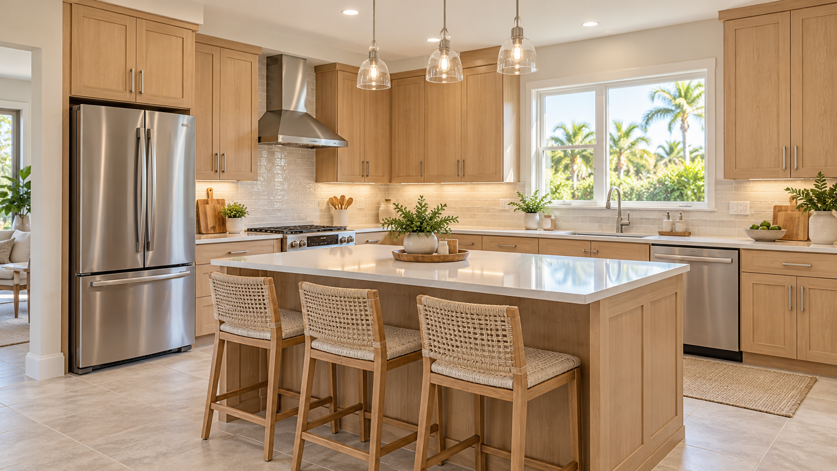 Updated Florida kitchen with wood cabinetry, neutral countertops, and modern lighting