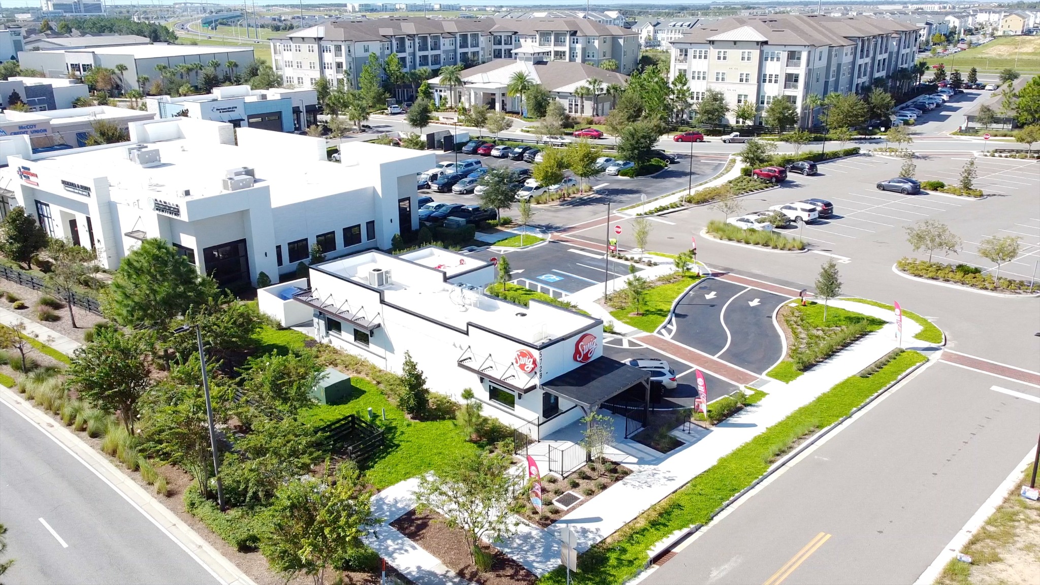 Aerial view of Swig and its drive-thru in Hamlin
