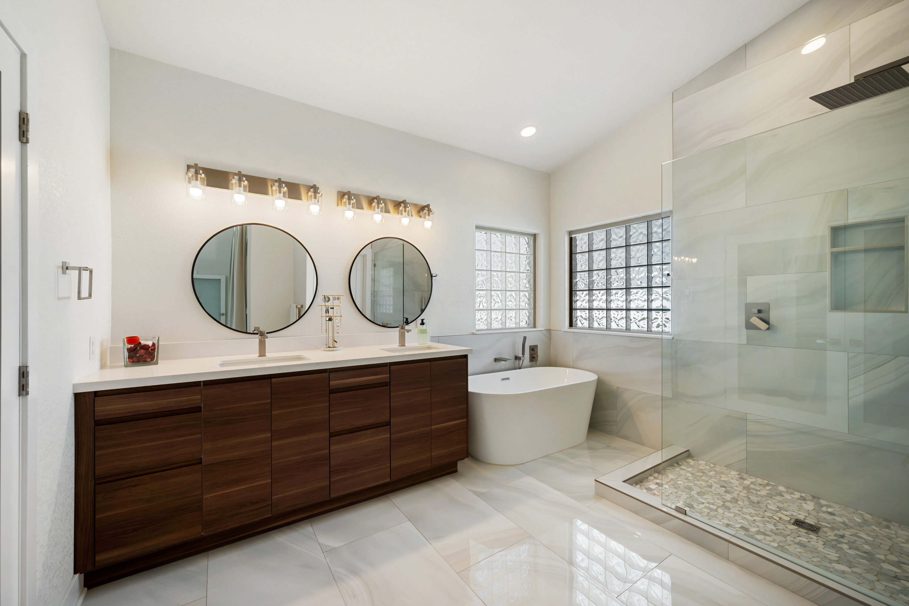Remodeled primary bath with freestanding tub and walk-in shower, Glendale AZ