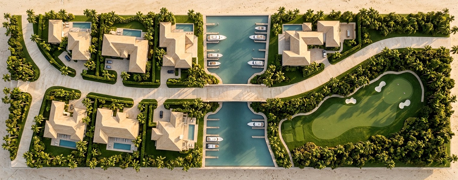 Coastal estate with six numbered stops along the buying journey