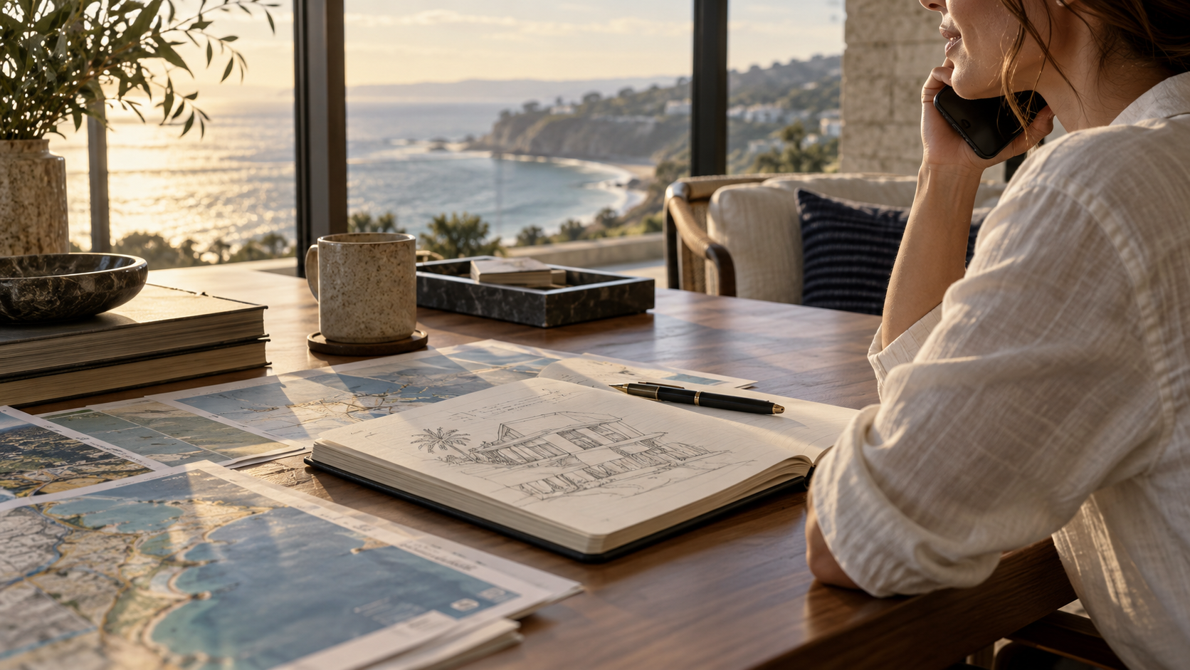 Phone consultation beside a coastal view