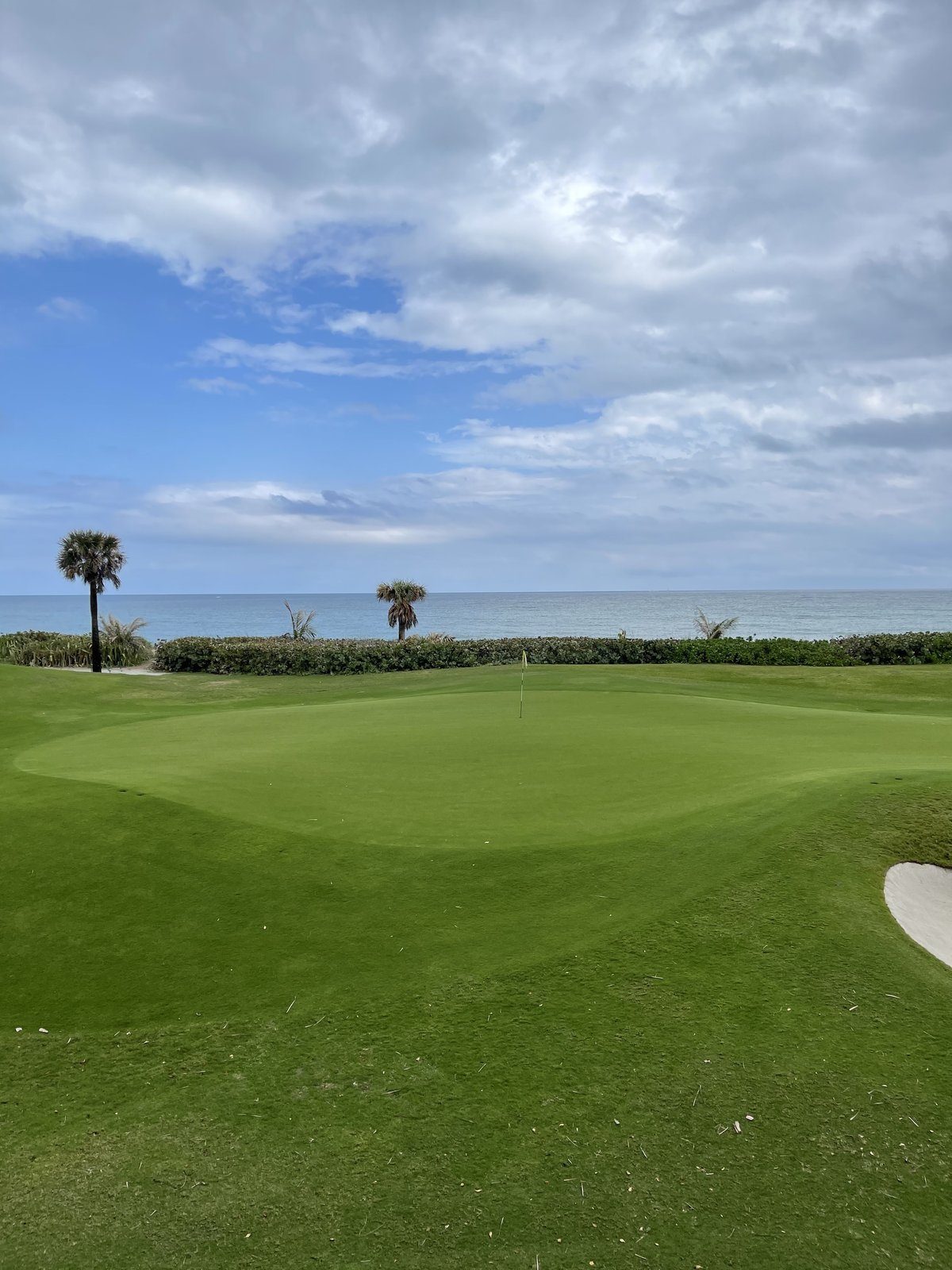 A putting green with the ocean in the distance