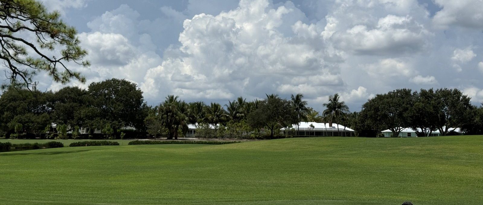 A fairway with clubhouse buildings beyond, Tequesta