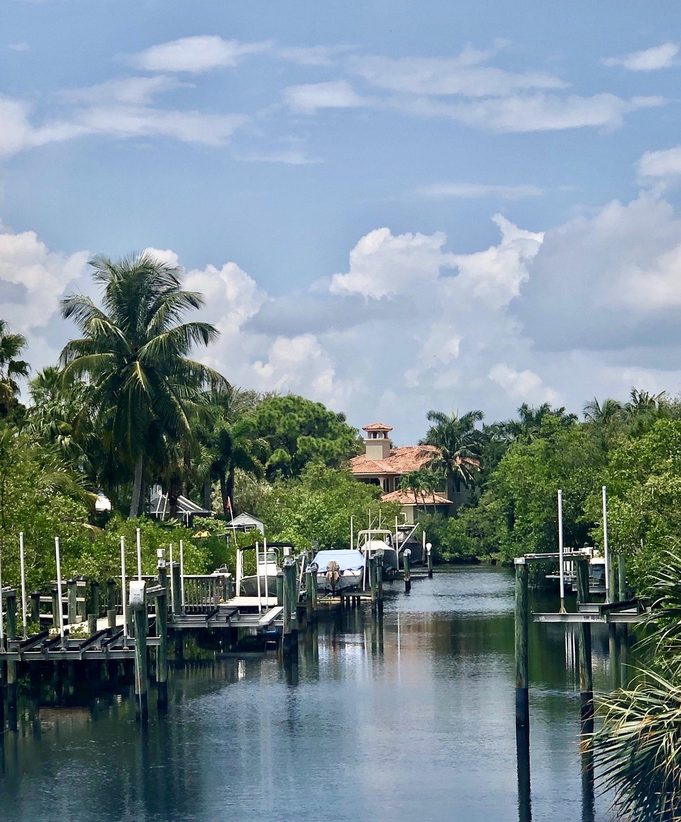 A lagoon lined with docks in Palm Beach Gardens