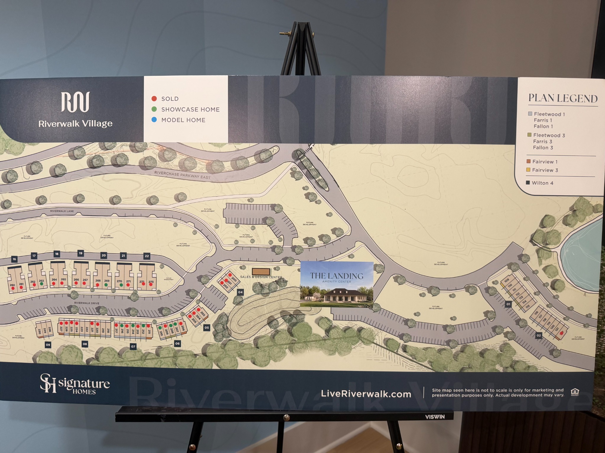 Riverwalk Village site plan showing townhome homesites, The Landing amenity center and lake area