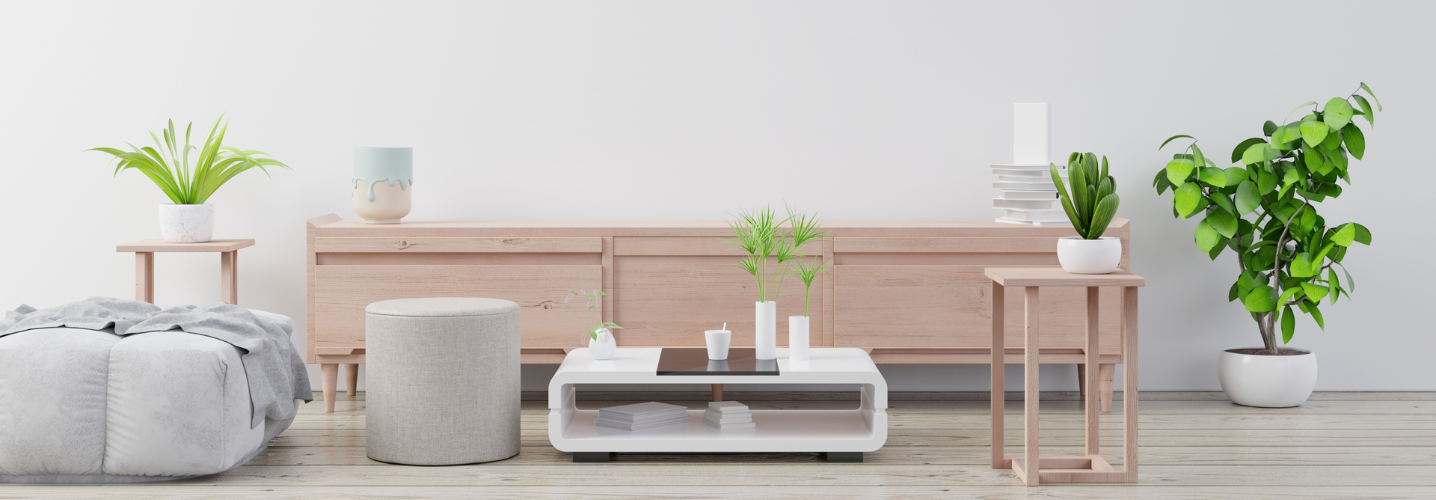 Minimalist living room with light wood furniture, house plants, and a clean white coffee table representing affordable home decor