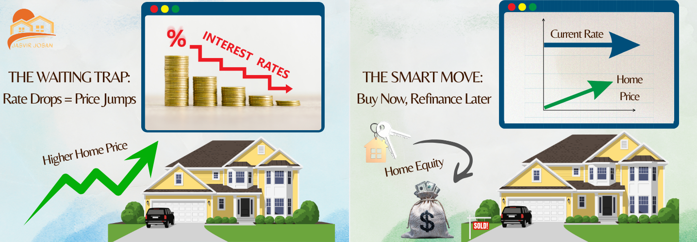 Graphic conceptualizing the home buying decision between buying a home now or waiting for interest rates to drop.