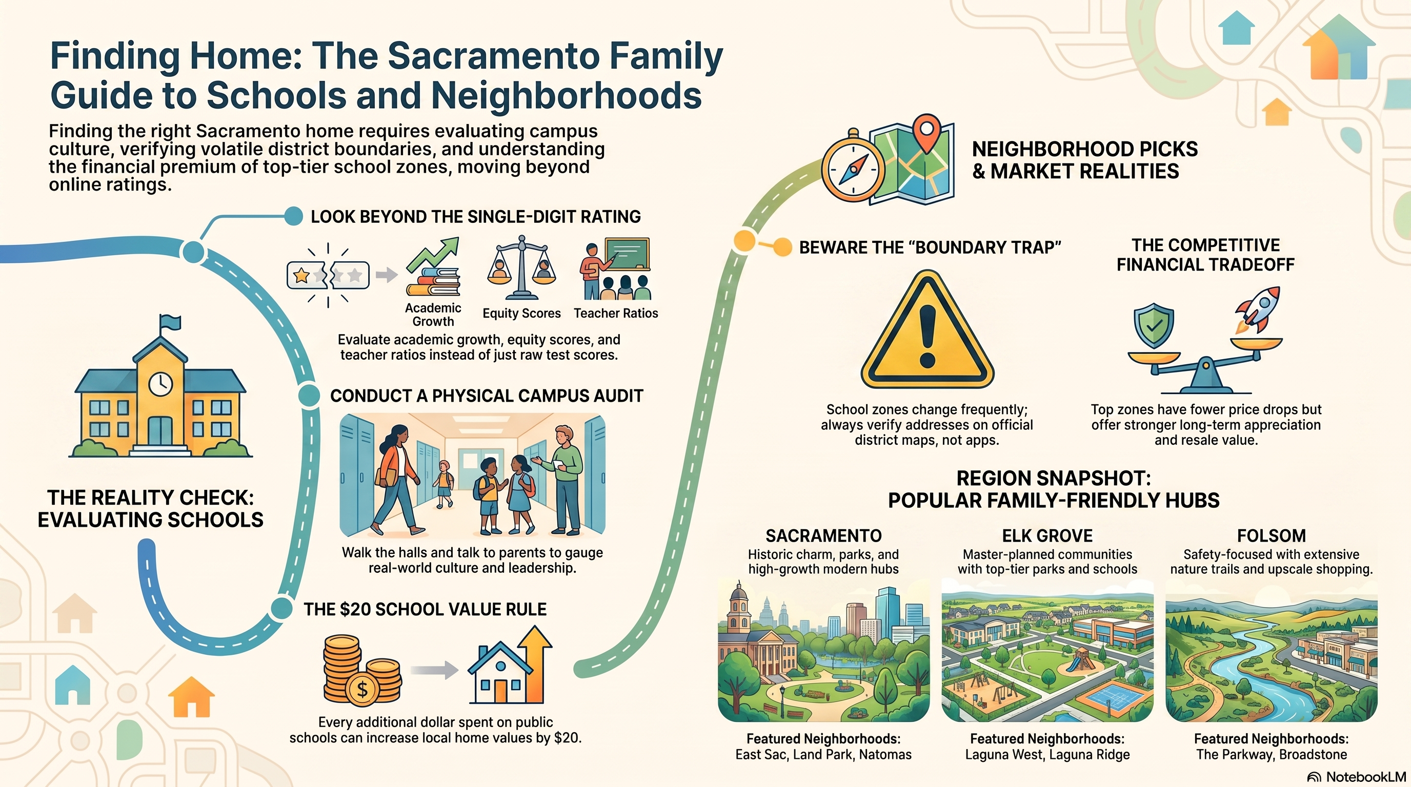 An educational real estate infographic titled Finding Home: The Sacramento Family Guide to Schools and Neighborhoods. It breaks down how to evaluate schools beyond raw ratings by looking at academic growth, equity scores, and teacher ratios. It details steps like conducting a campus audit and navigating the school boundary trap, alongside the financial benefits of top school zones. Featured family-friendly hubs highlight East Sac, Land Park, and Natomas in Sacramento; Laguna West and Laguna Ridge in Elk Grove; and The Parkway and Broadstone in Folsom.