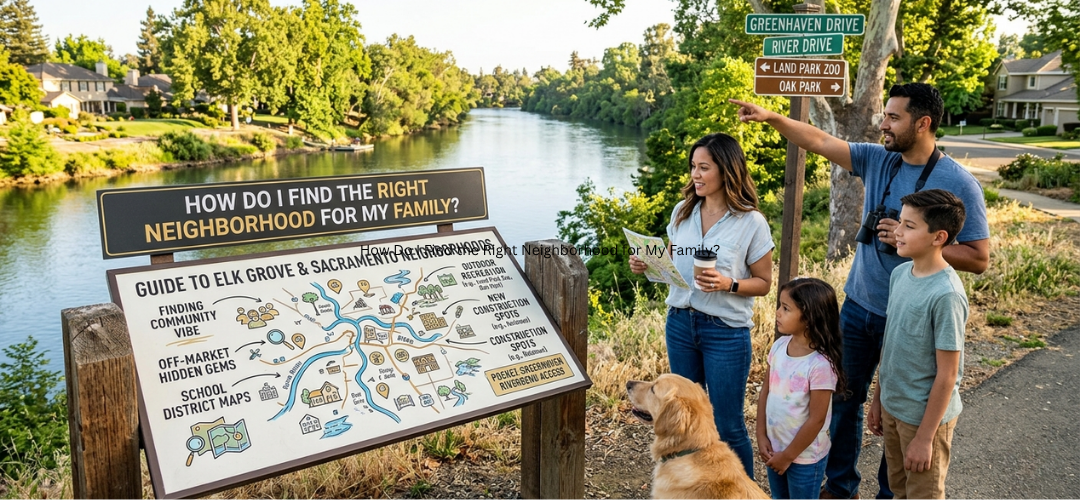 Family looking at a neighborhood guide map for Sacramento and Elk Grove during golden hour.