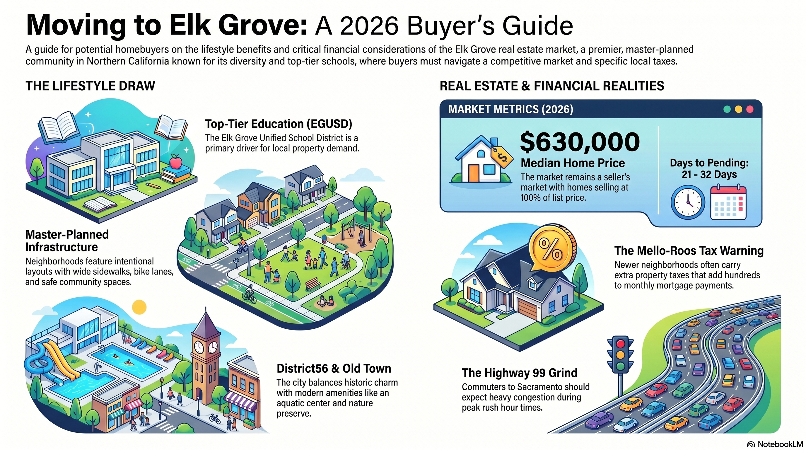 An educational infographic titled "Moving to Elk Grove: A 2026 Buyer's Guide," outlining the lifestyle benefits and financial considerations of the local real estate market. The left side, labeled "The Lifestyle Draw," uses detailed isometric illustrations to highlight top-tier public education within the Elk Grove Unified School District, intentional master-planned infrastructure featuring wide sidewalks and bike lanes, and the community balance of historic Old Town charm with modern amenities at District56. The right side, titled "Real Estate & Financial Realities," features a dashboard showing 2026 market metrics, including a $630,000 median home price and a 21 to 32 average days-to-pending window. Below the metrics, visual warnings are provided for extra Mello-Roos property taxes in newer neighborhoods and the heavy peak rush-hour traffic congestion known as "The Highway 99 Grind."