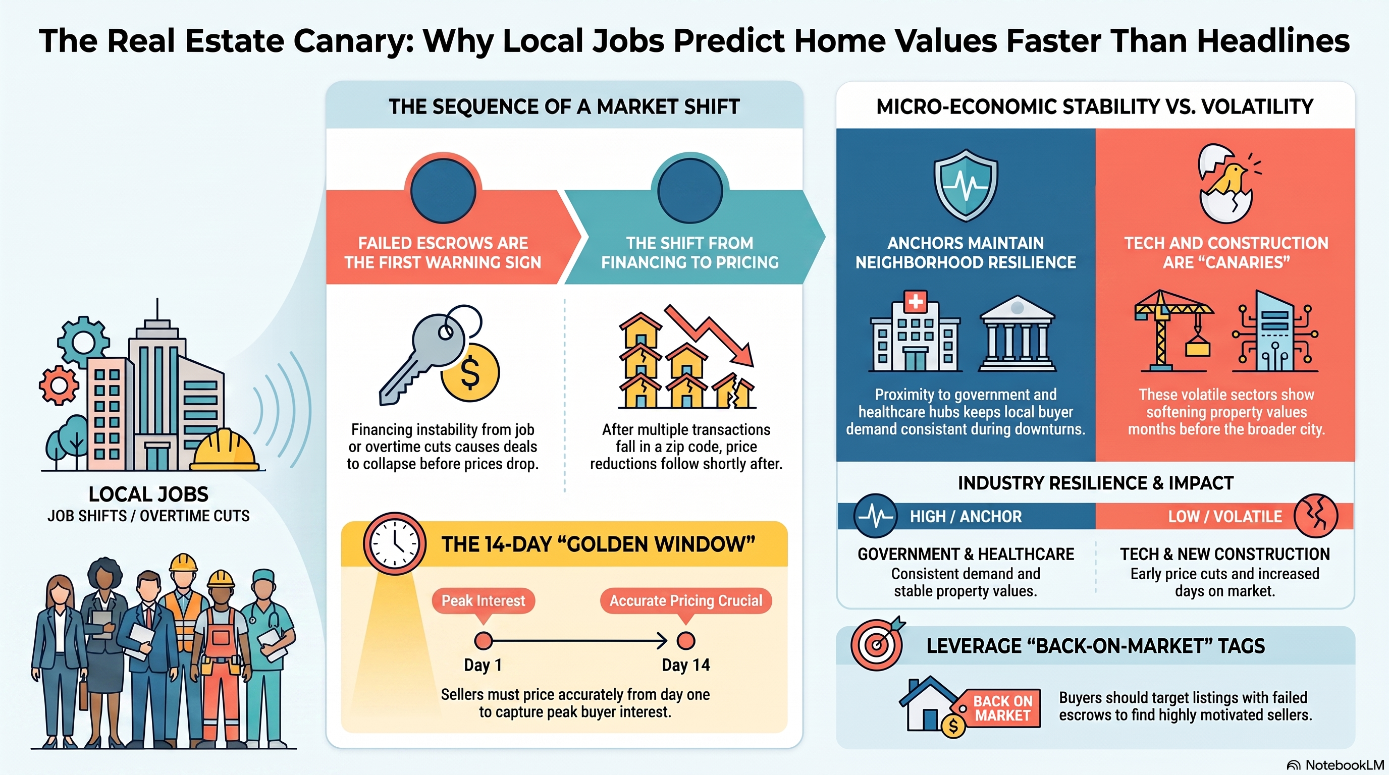 Infographic showing how local employment and job shifts impact property values, featuring the 14-day golden window for home pricing and industry resilience metrics.