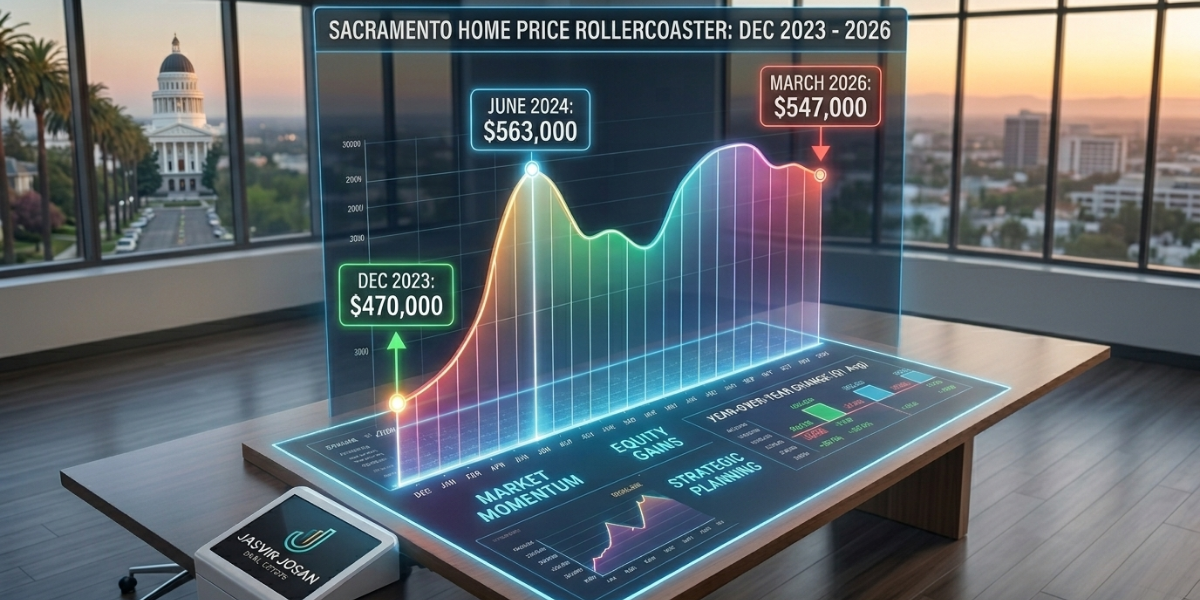 Line graph tracking Sacramento real estate price trends from a December 2023 baseline of $470,000 up to $547,000 in early 2026.