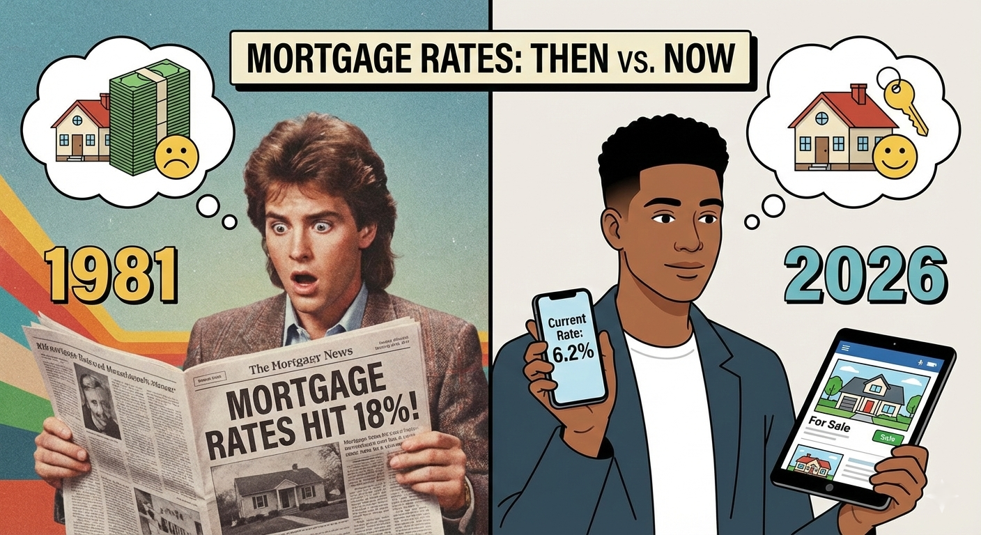 Historical mortgage rates chart comparing average 30-year fixed interest rates by decade from 1970 to 2026.