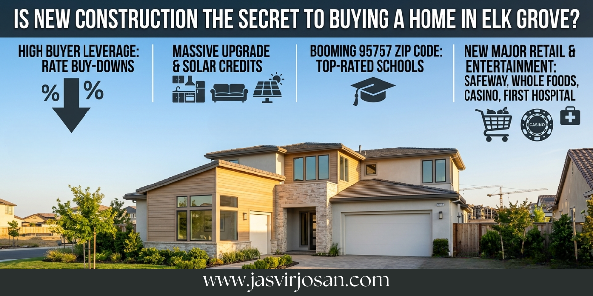 An educational real estate infographic titled "IS NEW CONSTRUCTION THE SECRET TO BUYING A HOME IN ELK GROVE?" featuring a dark blue and white header design.  The graphic outlines four key market advantages with minimalist black icons:  HIGH BUYER LEVERAGE: RATE BUY-DOWNS with a large downward-pointing arrow between percentage signs.  MASSIVE UPGRADE & SOLAR CREDITS featuring household furniture, kitchen, and solar panel icons.  BOOMING 95757 ZIP CODE: TOP-RATED SCHOOLS featuring a graduation cap icon.  NEW MAJOR RETAIL & ENTERTAINMENT: SAFEWAY, WHOLE FOODS, CASINO, FIRST HOSPITAL accompanied by shopping cart, casino chip, and medical cross icons.  The main image showcases a contemporary two-story new construction house under a clear sky, featuring a light wood exterior, stone details, a neatly paved driveway, and landscaped greenery. The website address "www.jasvirjosan.com" is displayed across the dark bottom banner in a white serif font.